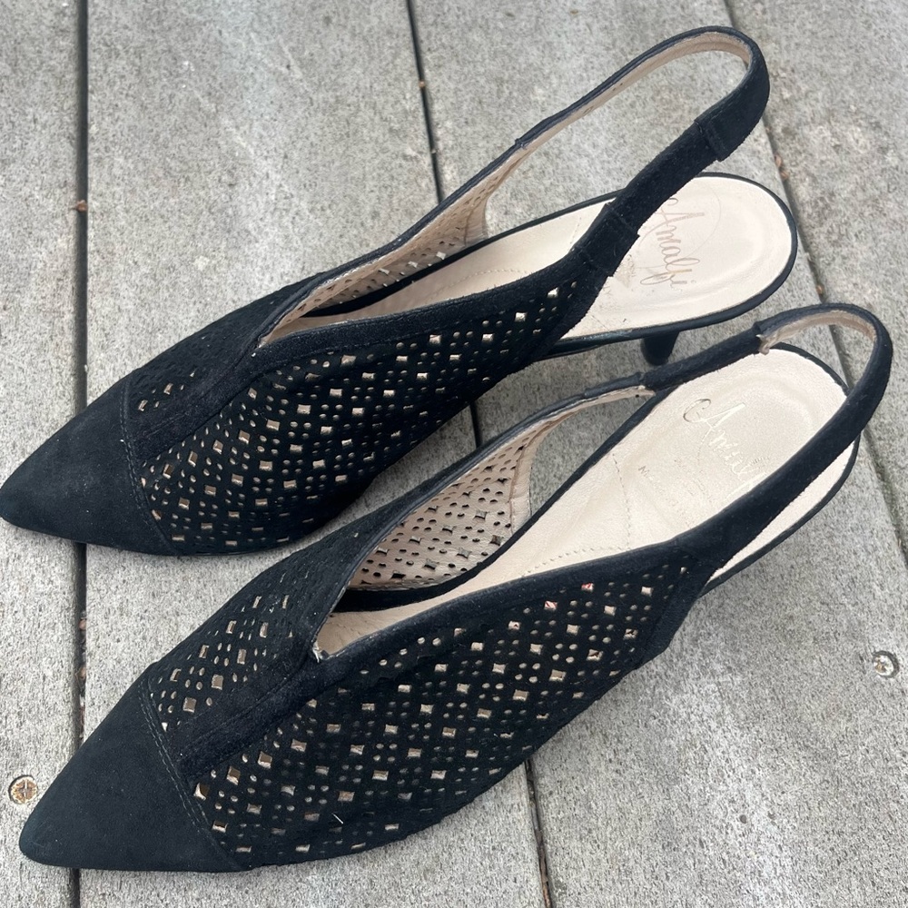 Amalfi by Rangoni Italy Black Leather Women 9N Platoon Sling backs Pumps 3” Heel - Picture 2 of 13
